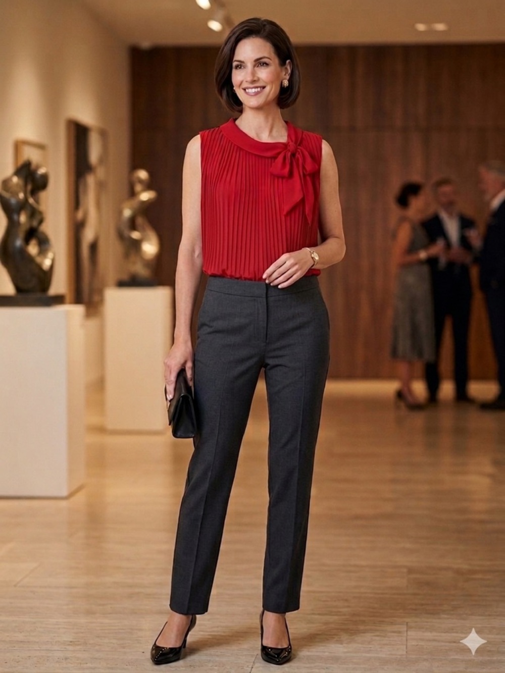Elegant Red Pleated Blouse w/ Tie Neck – Made in Italy – Size EU 46 (US 10/12)
